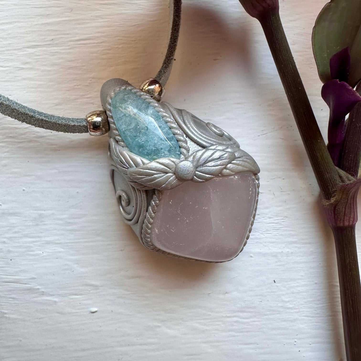 Mango Calcite and Aquamarine Pendant Necklace - FairyGardenGlow