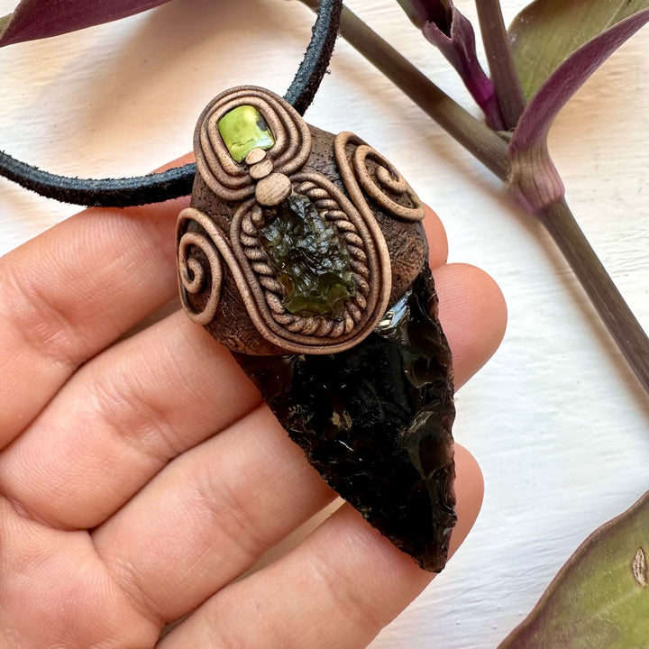 Black Obsidian Arrowhead Moldavite and Tibetan Turquoise Pendant Necklace - FairyGardenGlow