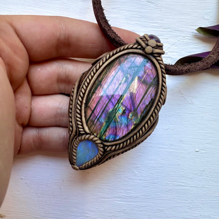 Purple Labradorite Amethyst and Australian Opal Necklace - FairyGardenGlow