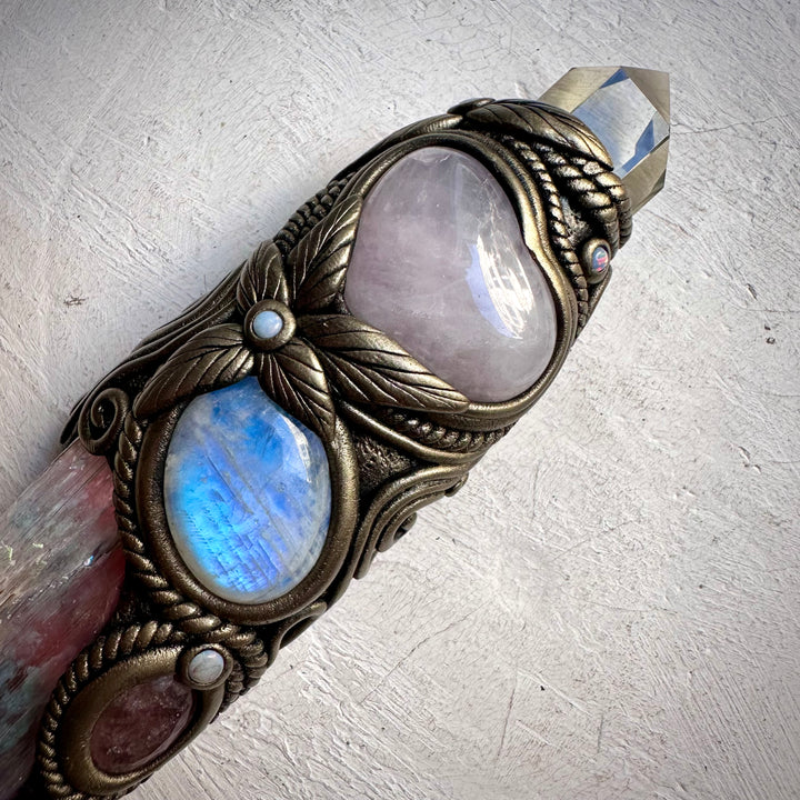 Angel Aura Kunzite with Citrine Point Rose Quartz Heart Strawberry Quartz Rainbow Moonstone and Australian Opal Wand - FairyGardenGlow