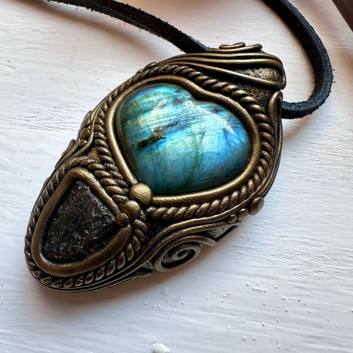 Labradorite Heart and Moldavite Necklace - FairyGardenGlow