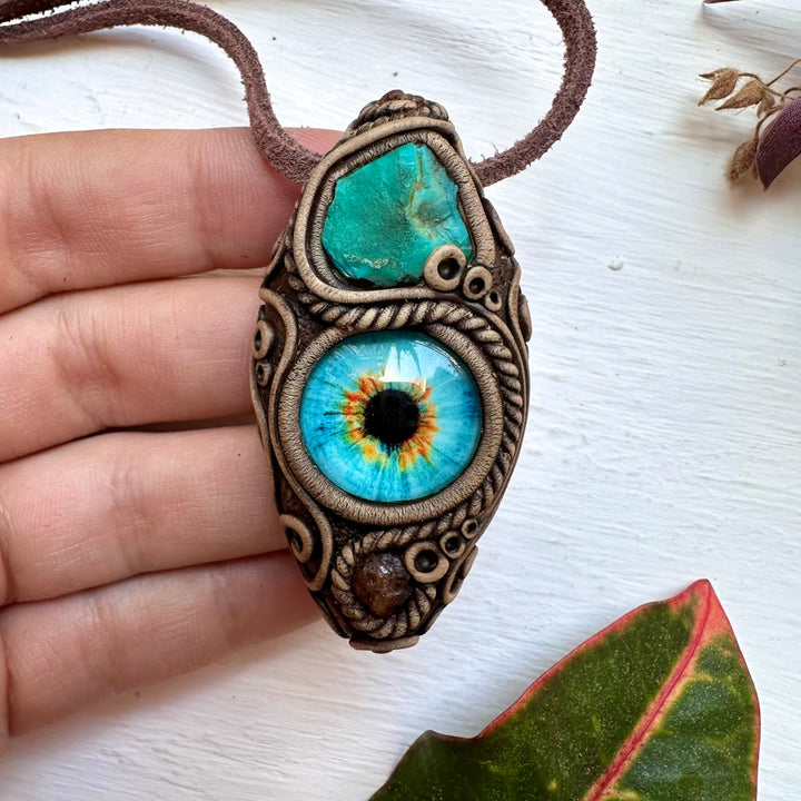 Raw Chrysocolla and Hessonite Garnet Eye Necklace - FairyGardenGlow