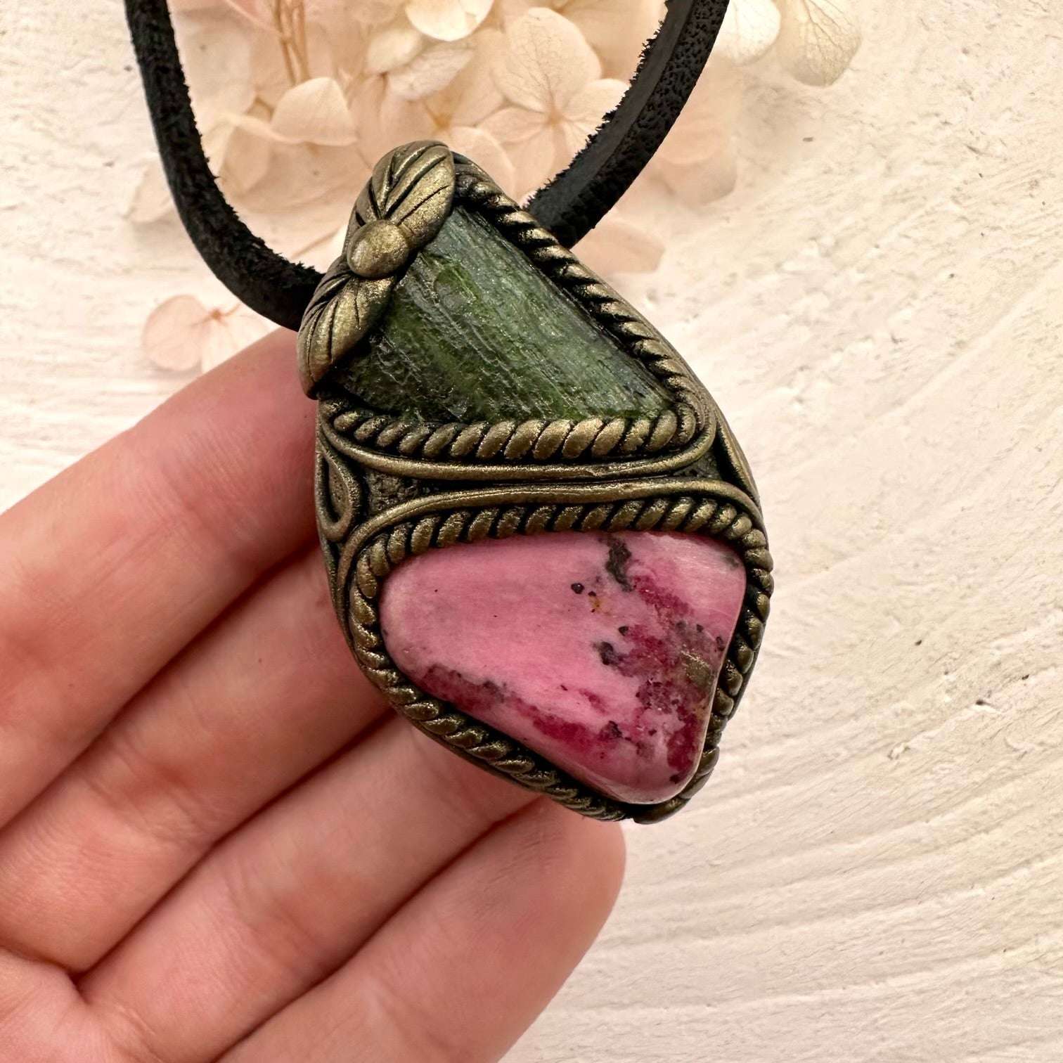 Rhodonite and Moldavite Pendant Necklace - FairyGardenGlow