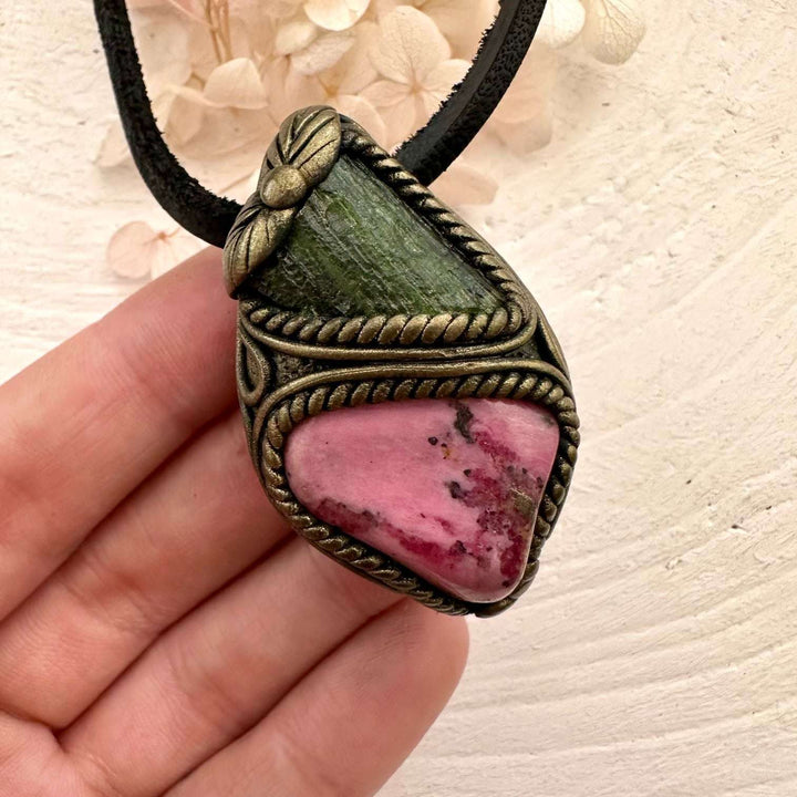 Rhodonite and Moldavite Pendant Necklace - FairyGardenGlow