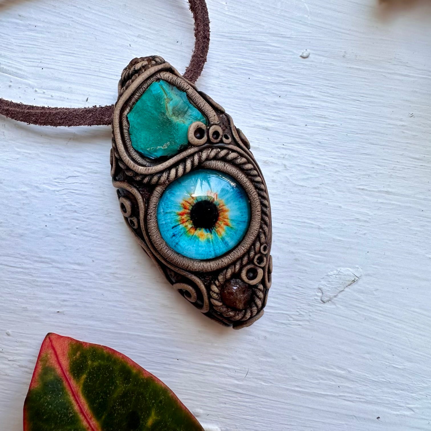 Raw Chrysocolla and Hessonite Garnet Eye Necklace - FairyGardenGlow