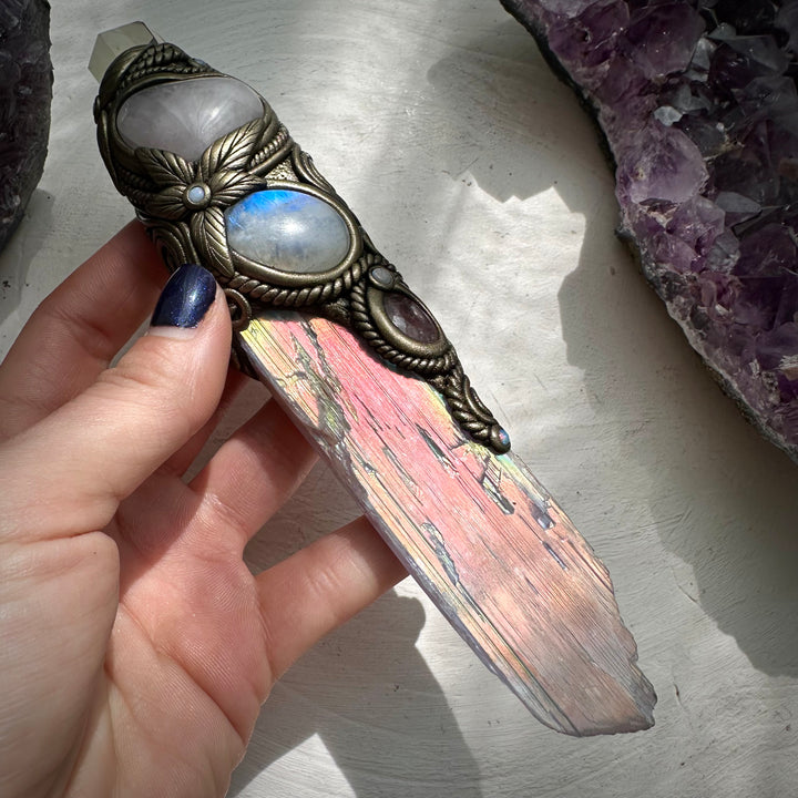 Angel Aura Kunzite with Citrine Point Rose Quartz Heart Strawberry Quartz Rainbow Moonstone and Australian Opal Wand - FairyGardenGlow