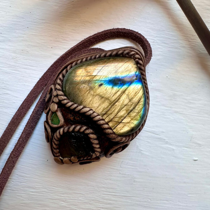 Labradorite Moldavite and Emerald Necklace - FairyGardenGlow