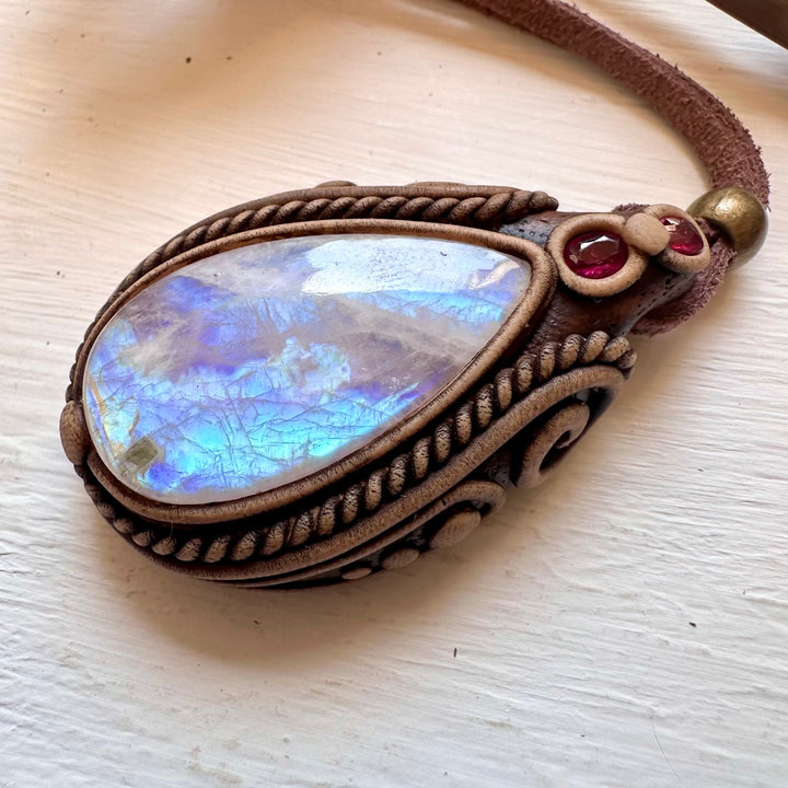 Rainbow Moonstone and Ruby Necklace - FairyGardenGlow