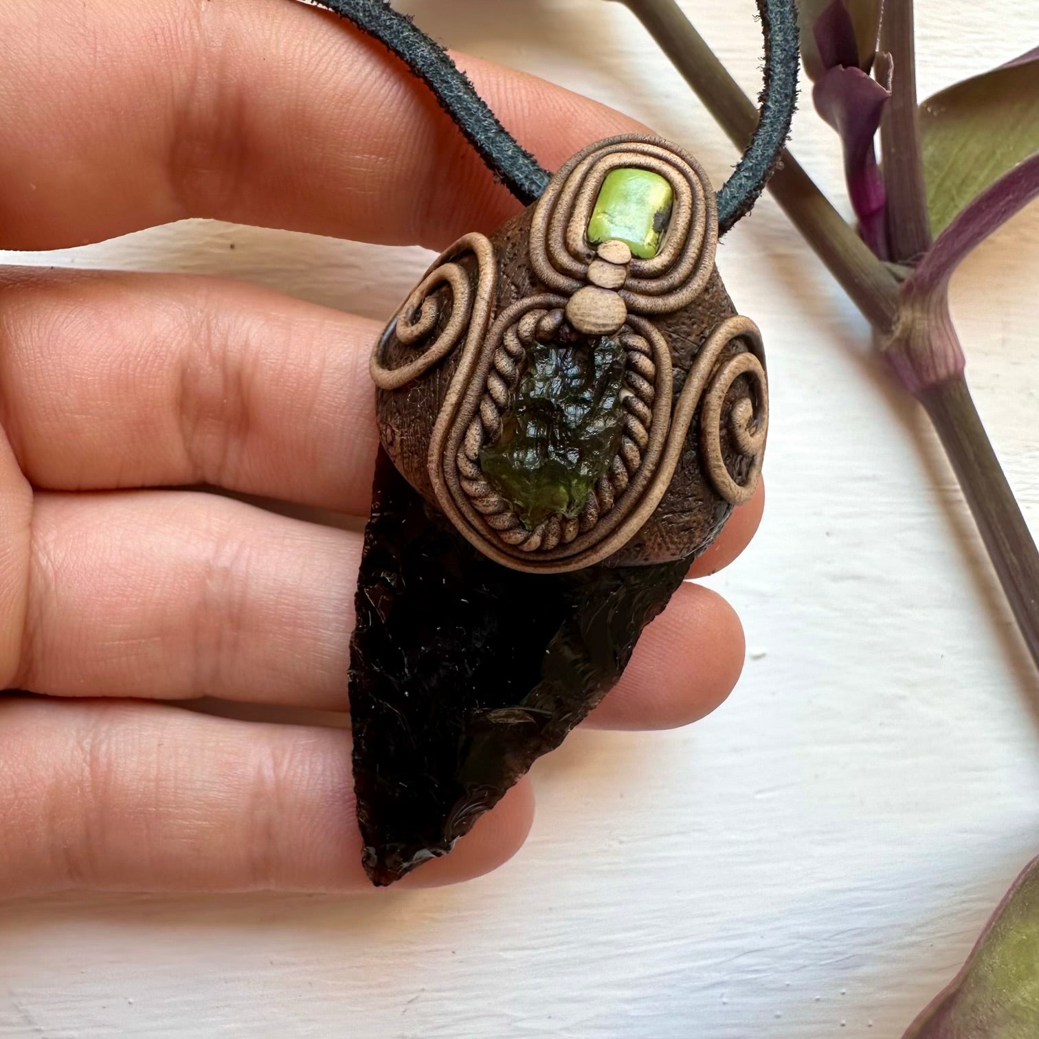 Black Obsidian Arrowhead Moldavite and Tibetan Turquoise Pendant Necklace - FairyGardenGlow