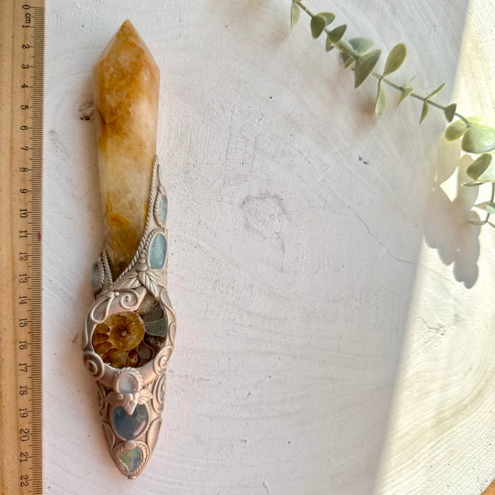 Metaphysical healing wand with Celestite Blue Topaz and Aquamarine gemstones