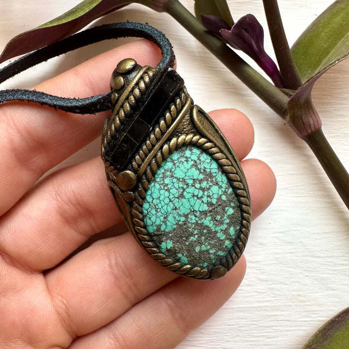Turquoise and Black Tourmaline Pendant Necklace - FairyGardenGlow