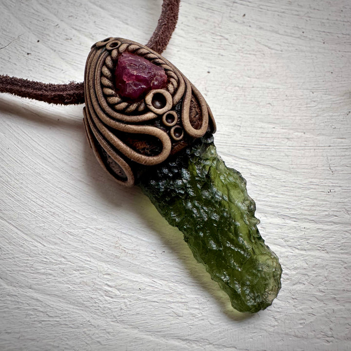 Moldavite and Raw Spinel Necklace - FairyGardenGlow