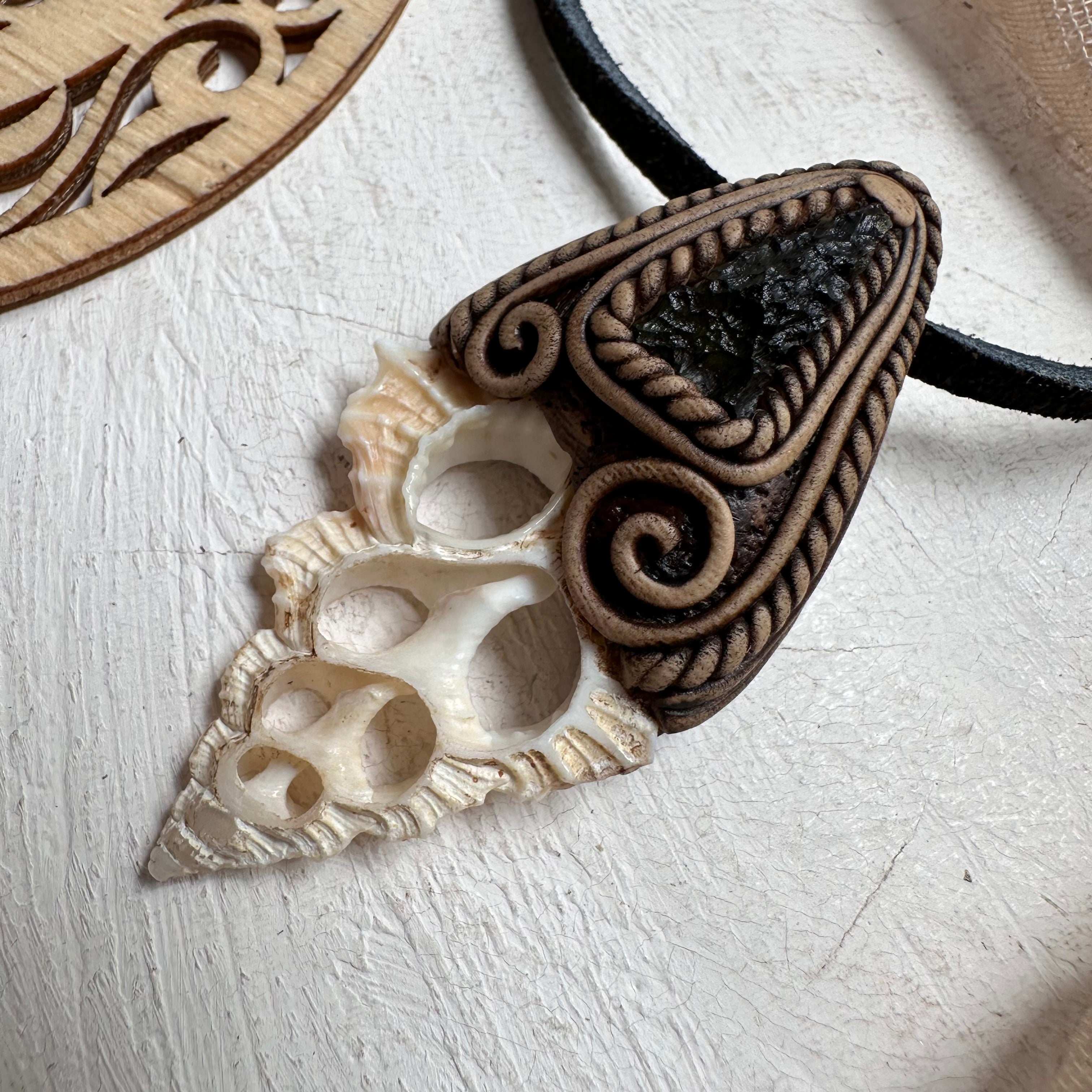 Seashell Slice and Moldavite Necklace - FairyGardenGlow