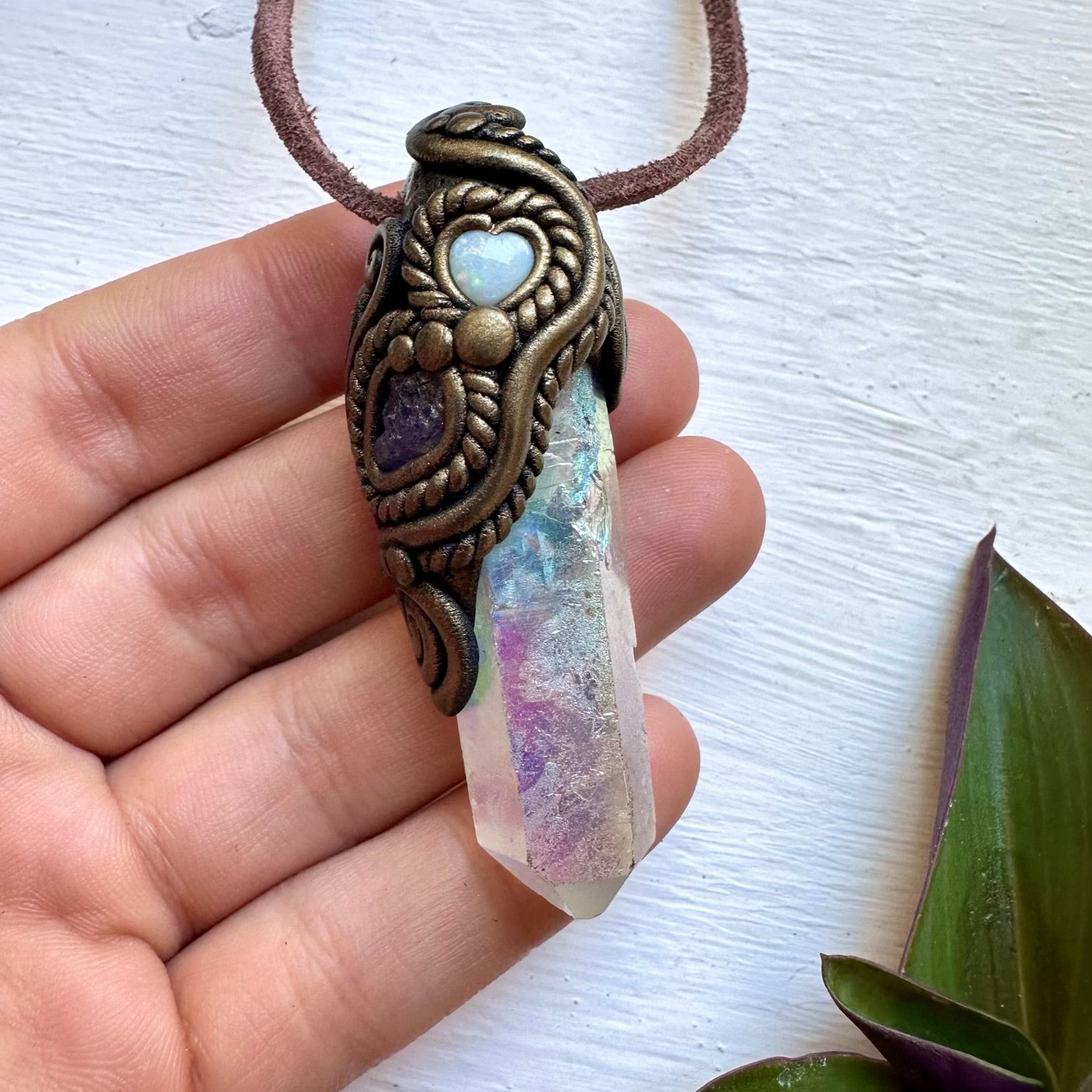 Angel Aura Quartz Australian Opal Heart and Raw Tanzanite Necklace