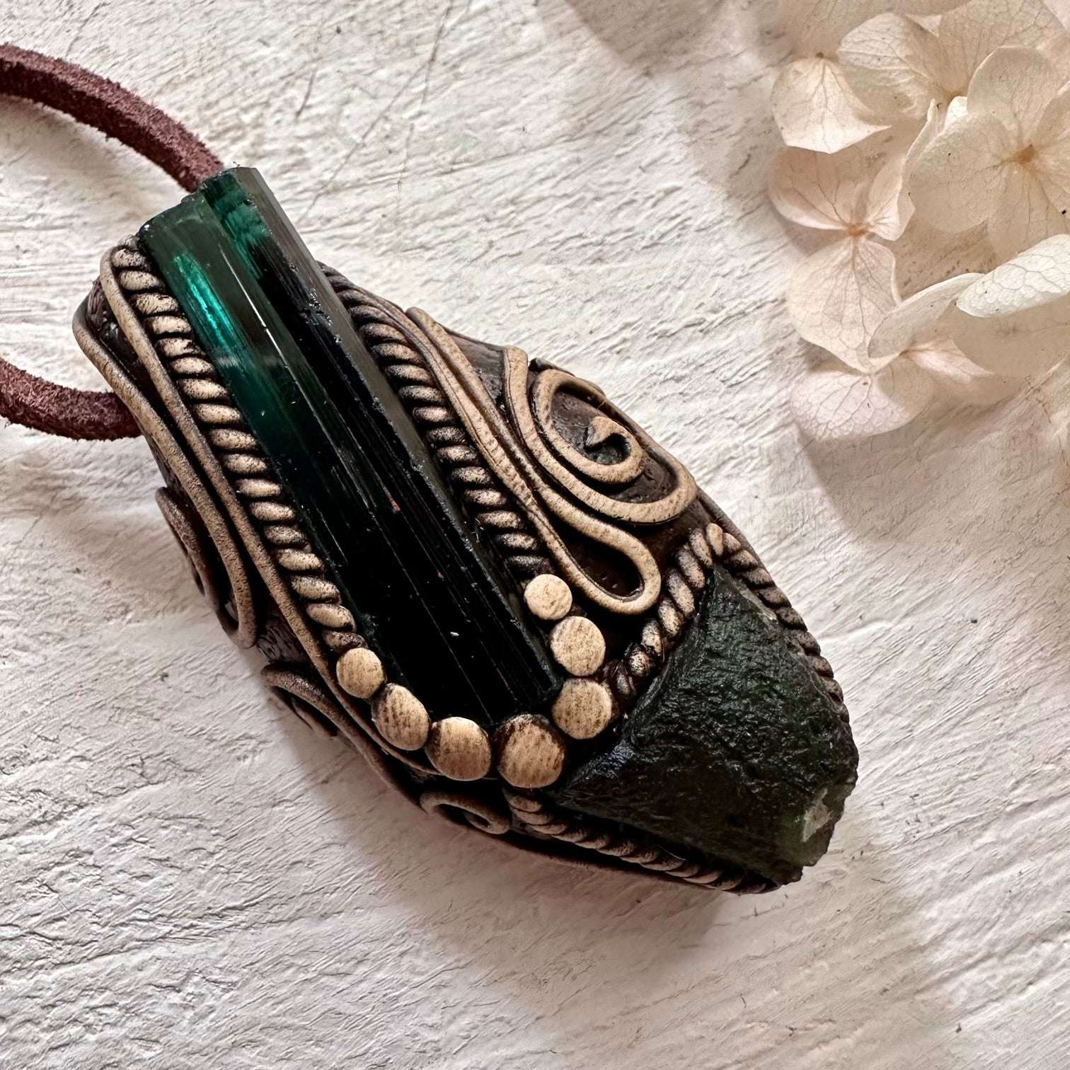 Green Tourmaline and Moldavite Pendant Necklace - FairyGardenGlow