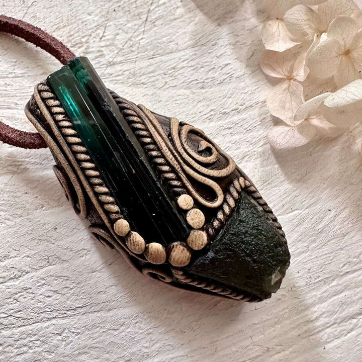 Green Tourmaline and Moldavite Pendant Necklace - FairyGardenGlow