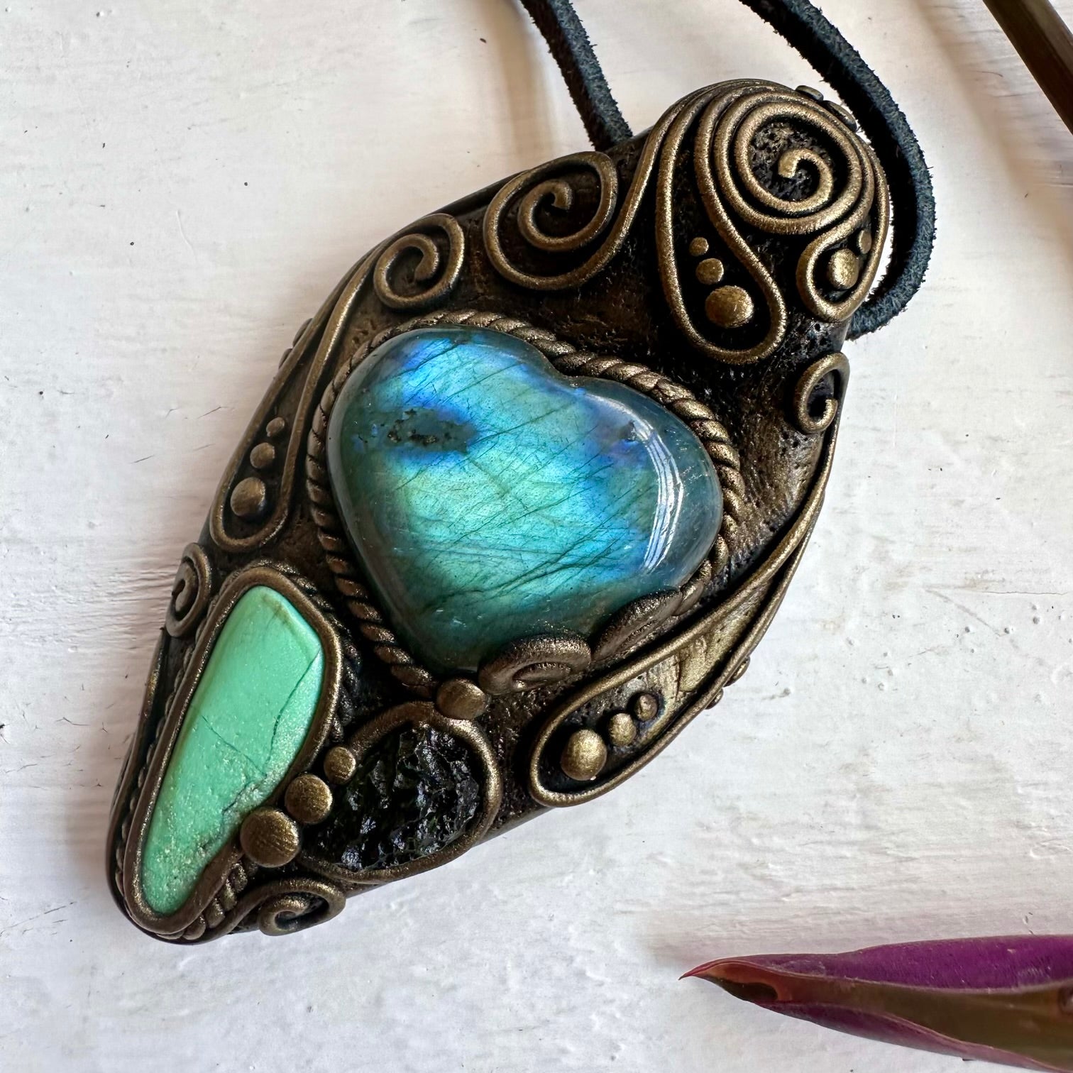 Labradorite Heart Chrysoprase and Moldavite Necklace - FairyGardenGlow