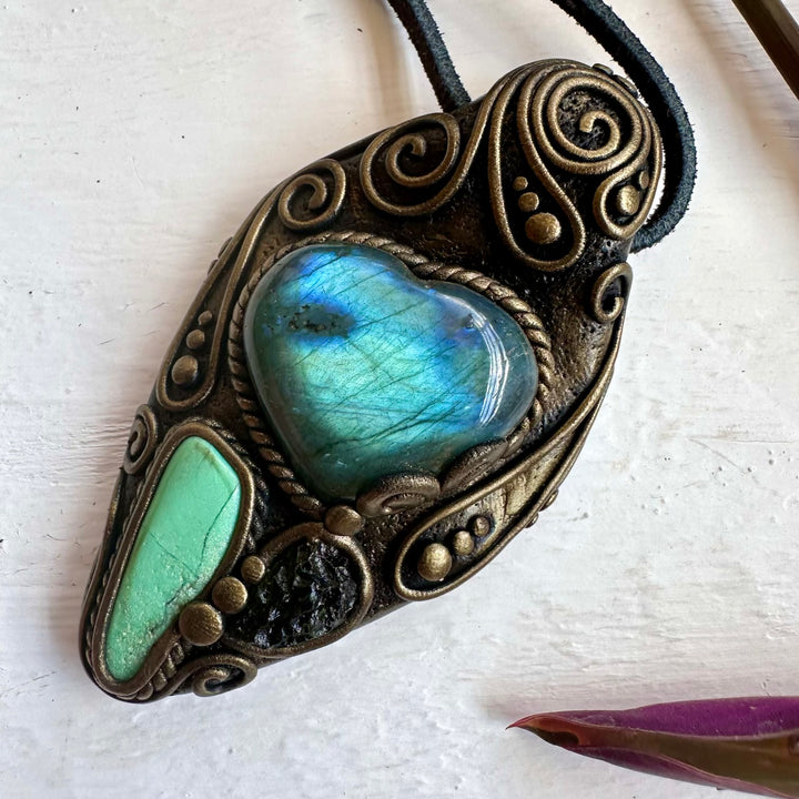 Labradorite Heart Chrysoprase and Moldavite Necklace - FairyGardenGlow