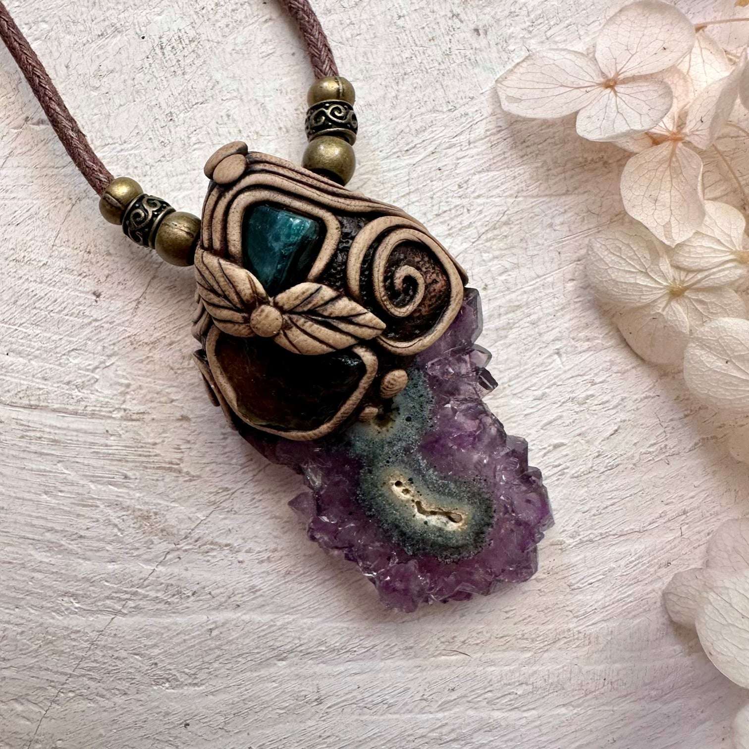 Amethyst Stalactite Blue Tourmaline and Moldavite Pendant - FairyGardenGlow