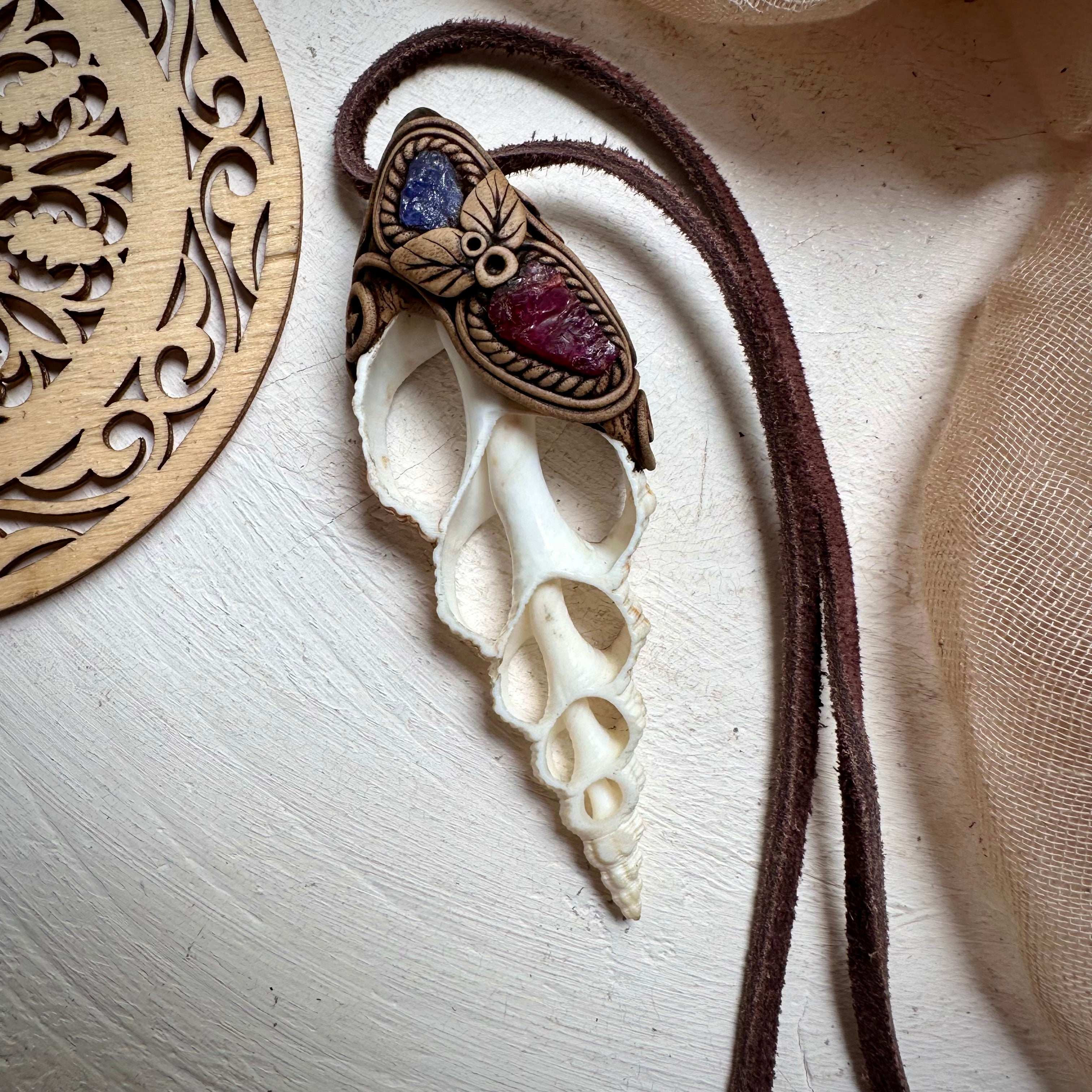 Seashell Rhodolite Garnet and Tanzanite Necklace - FairyGardenGlow