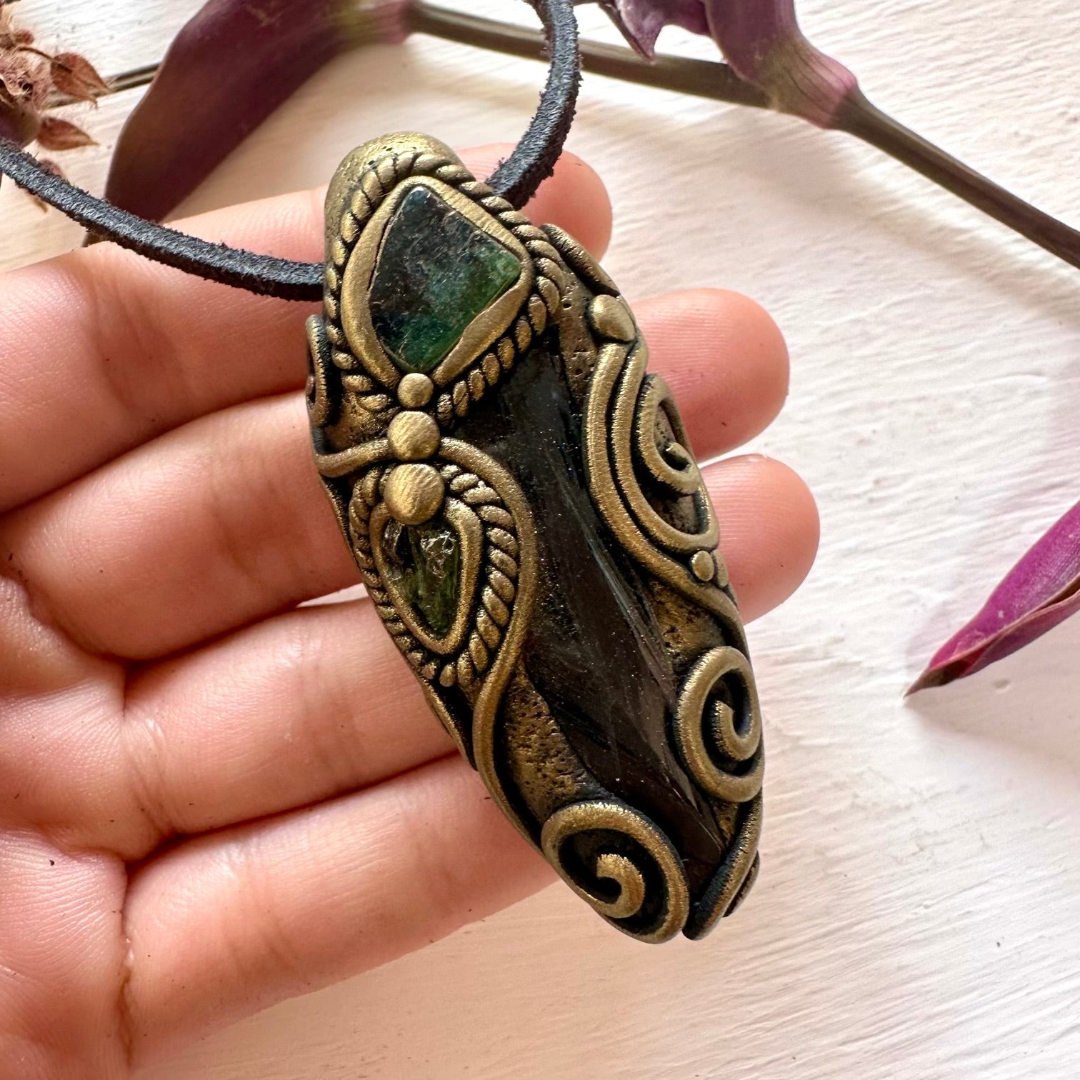 Vivianite Blue-Green Tourmaline and Moldavite Pendant Necklace - FairyGardenGlow