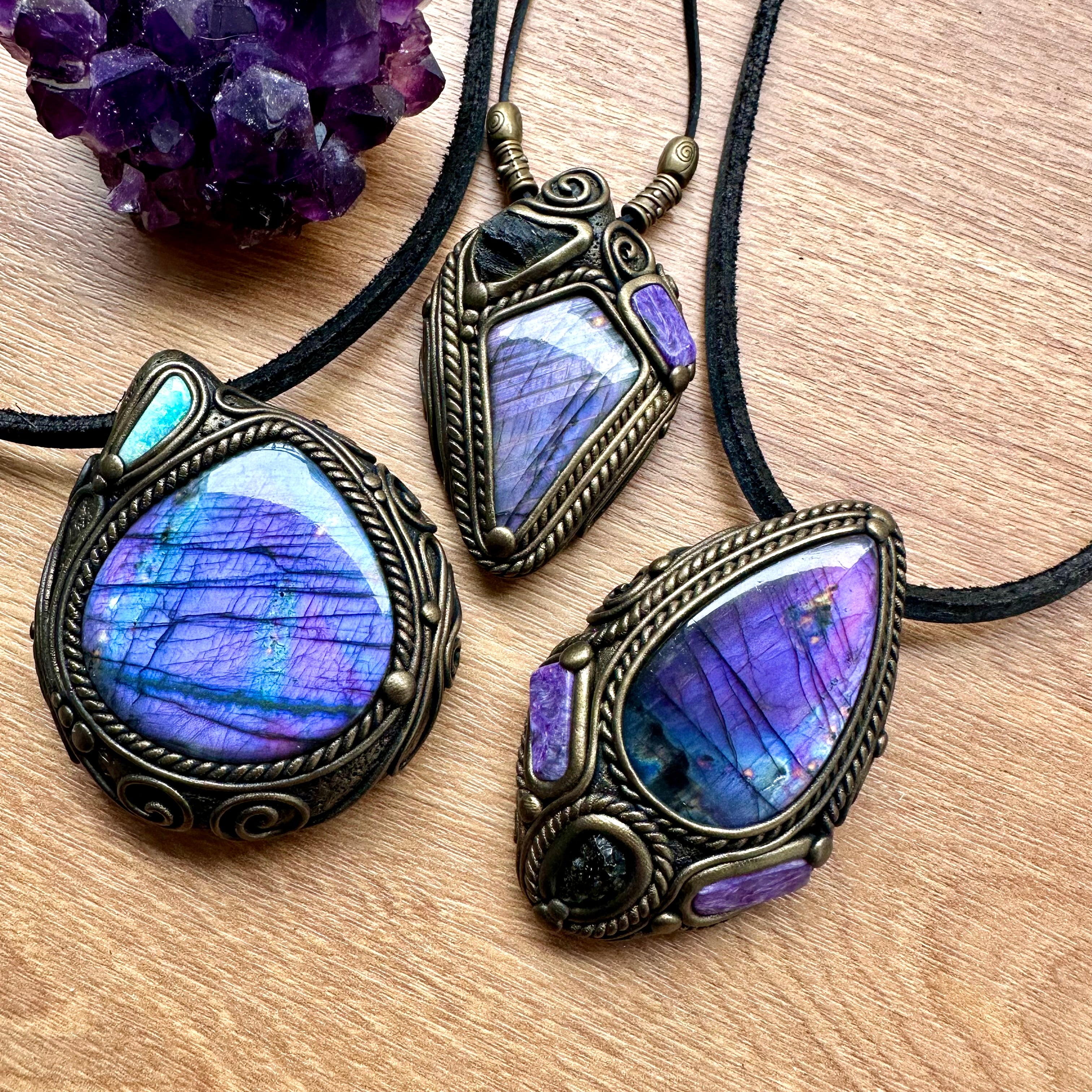 Purple Labradorite Moldavite and Charoite Necklace - FairyGardenGlow