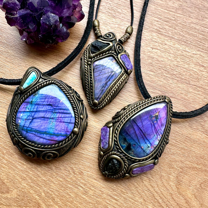 Purple Labradorite Moldavite and Charoite Necklace - FairyGardenGlow