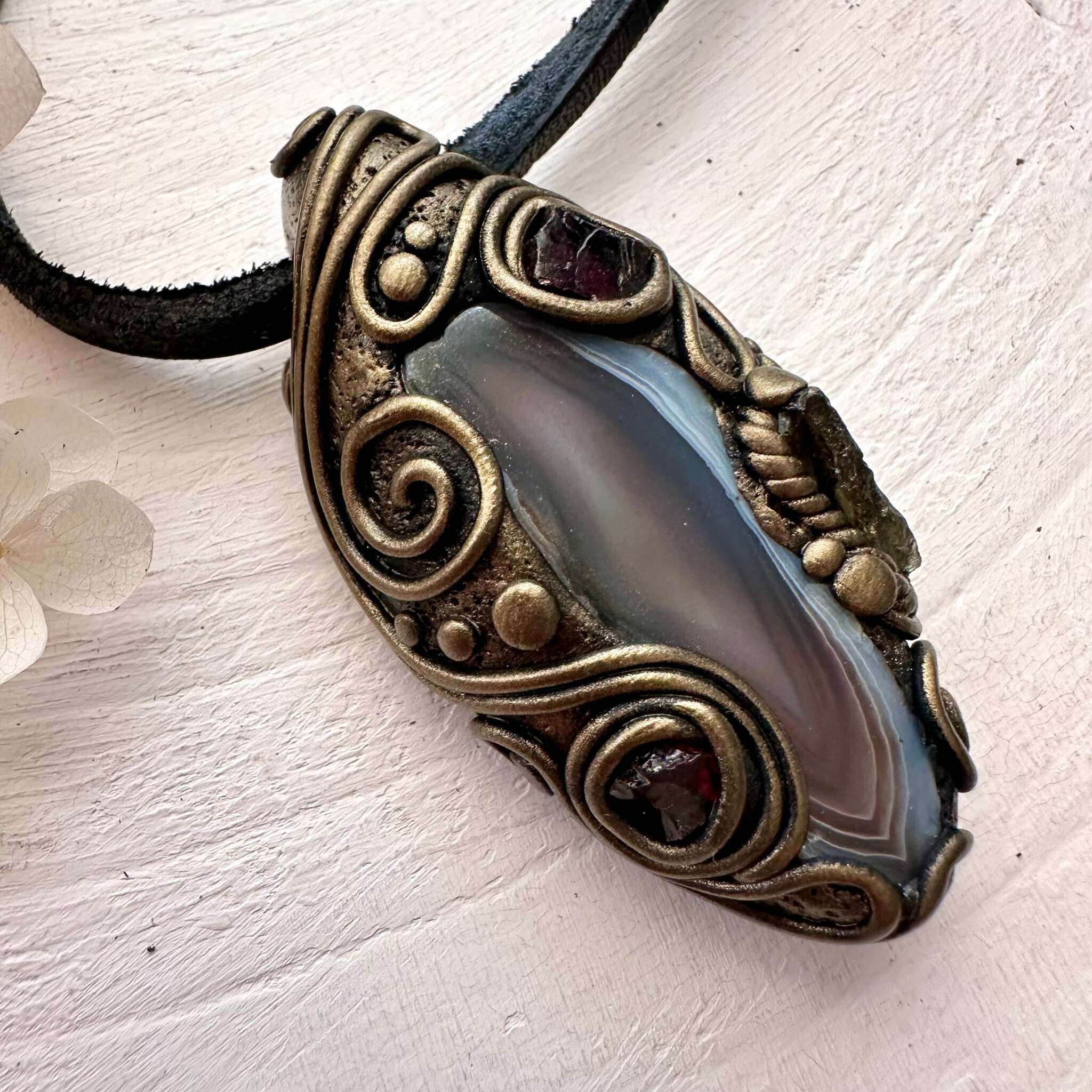 Botswana Agate Red Garnet and Moldavite Pendant Necklace - FairyGardenGlow