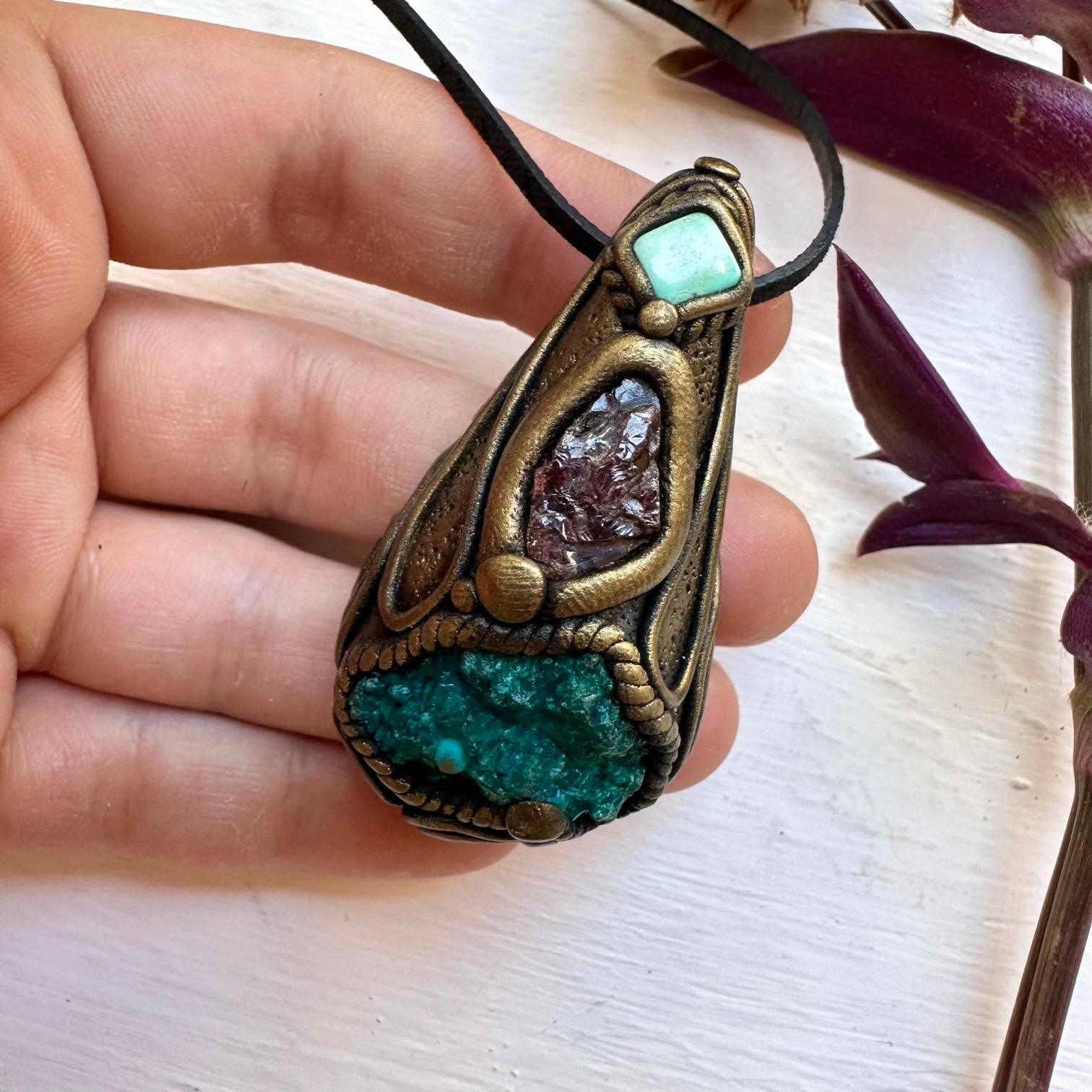 Raw Chrysocolla Red Garnet and Tibetan Turquoise Necklace - FairyGardenGlow