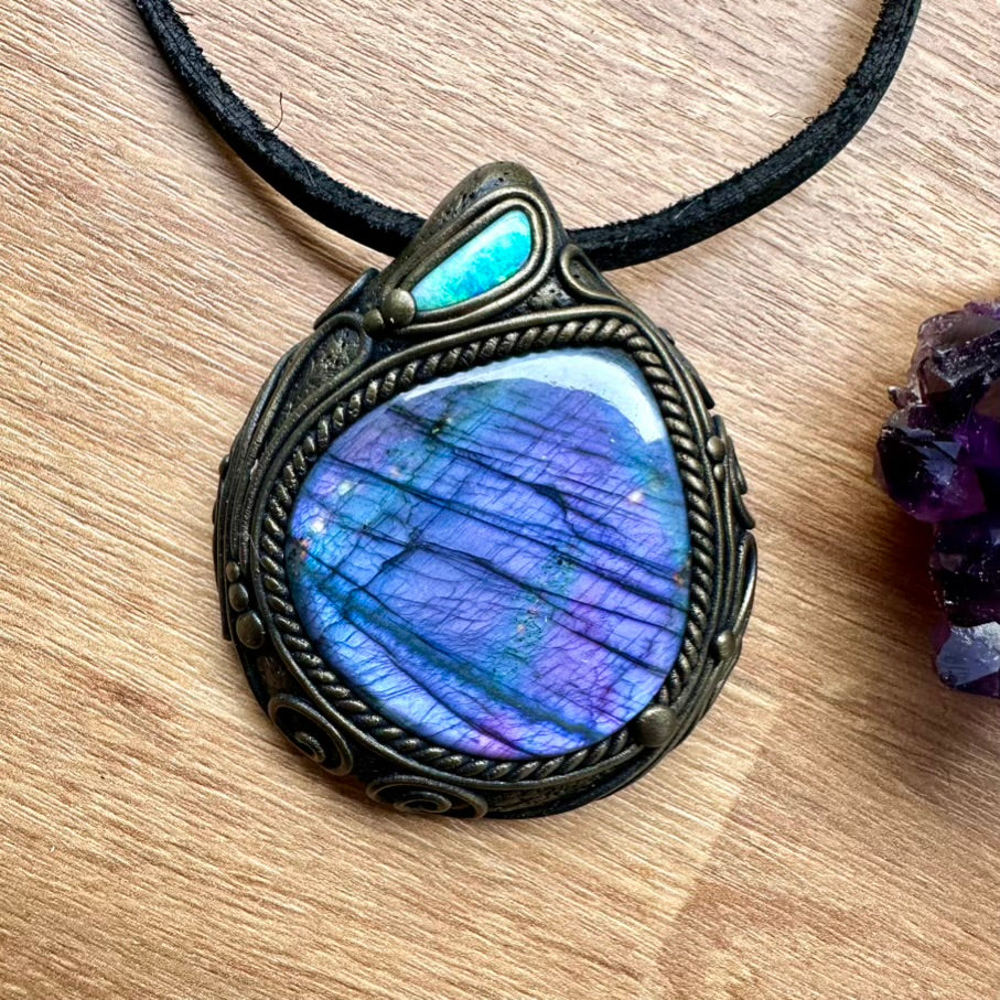 Large Purple Labradorite and Australian Opal Necklace, Unique Crystal Pendant - FairyGardenGlow