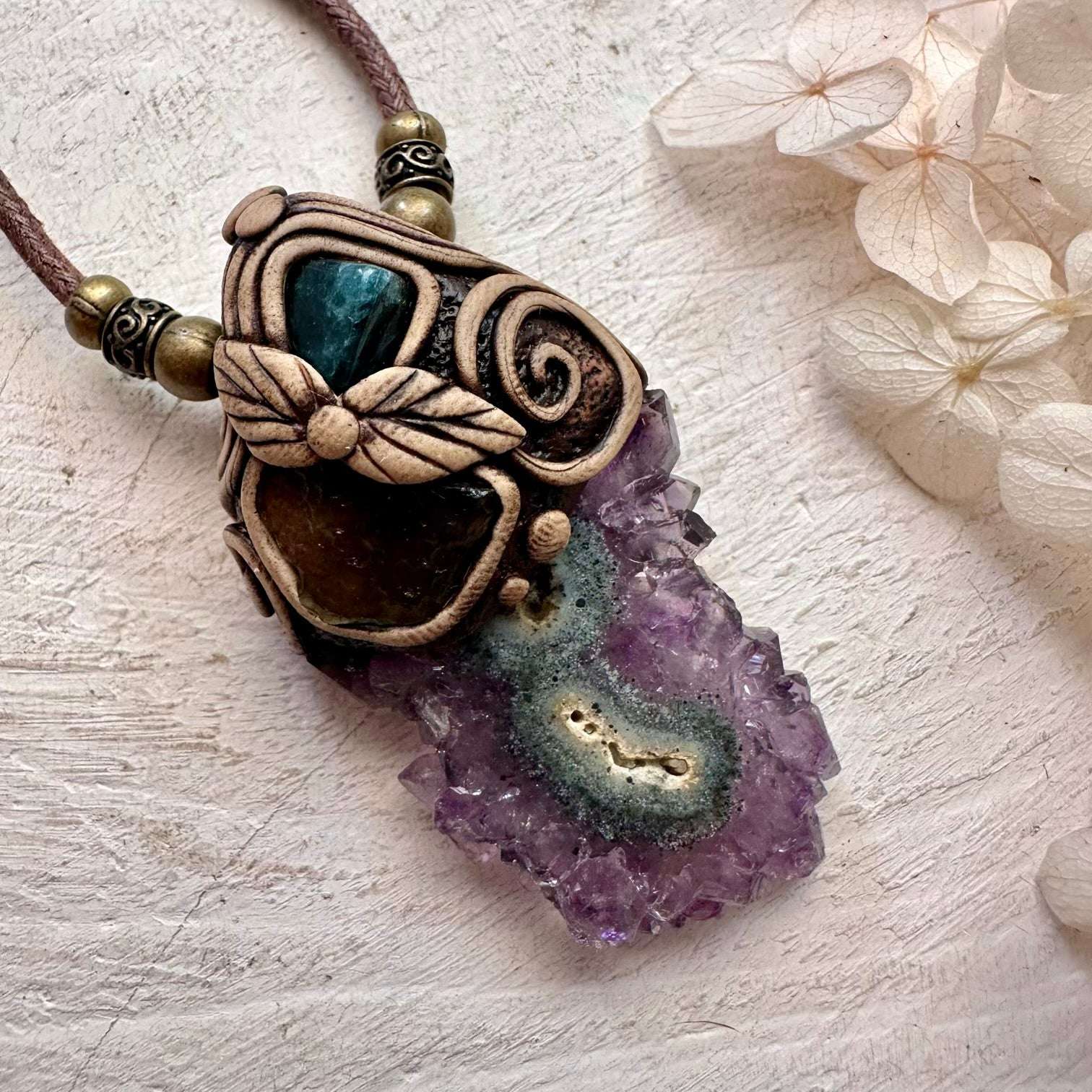 Amethyst Stalactite Blue Tourmaline and Moldavite Pendant - FairyGardenGlow
