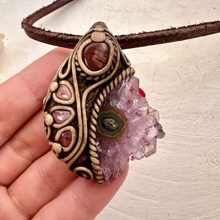 Amethyst Stalactite Sunstone and Pink Tourmaline Pendant Necklace - FairyGardenGlow