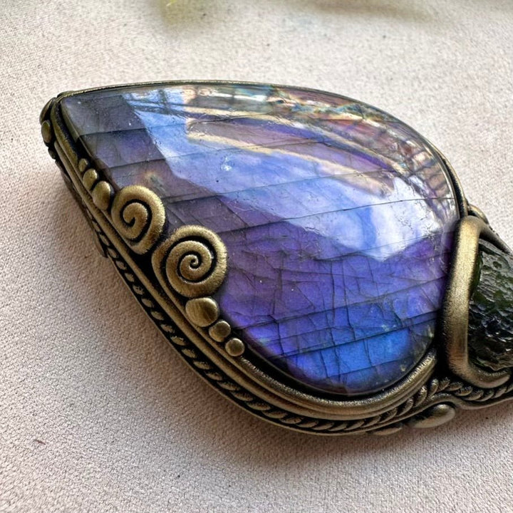 Gorgeous Large Purple Labradorite with Moldavite and Tanzanite Pendant Necklace, Handmade Spiritual Jewelry - FairyGardenGlow