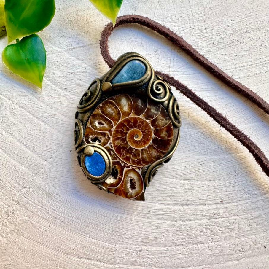 Ammonite with Aquamarine and Australian Opal Doublet Pendant Necklace