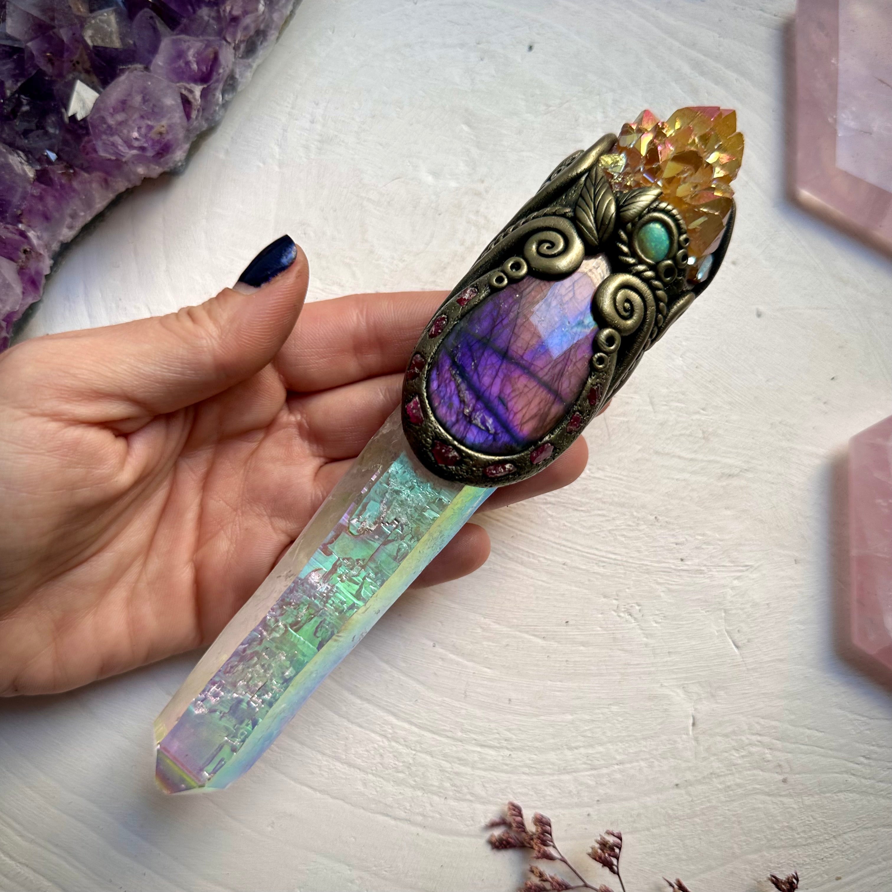 Long Angel Aura Quartz Sunset Aura Spirit Quartz Labradorite Raw Ruby and Australian Opal Wand - FairyGardenGlow