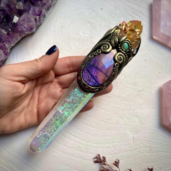 Long Angel Aura Quartz Sunset Aura Spirit Quartz Labradorite Raw Ruby and Australian Opal Wand - FairyGardenGlow