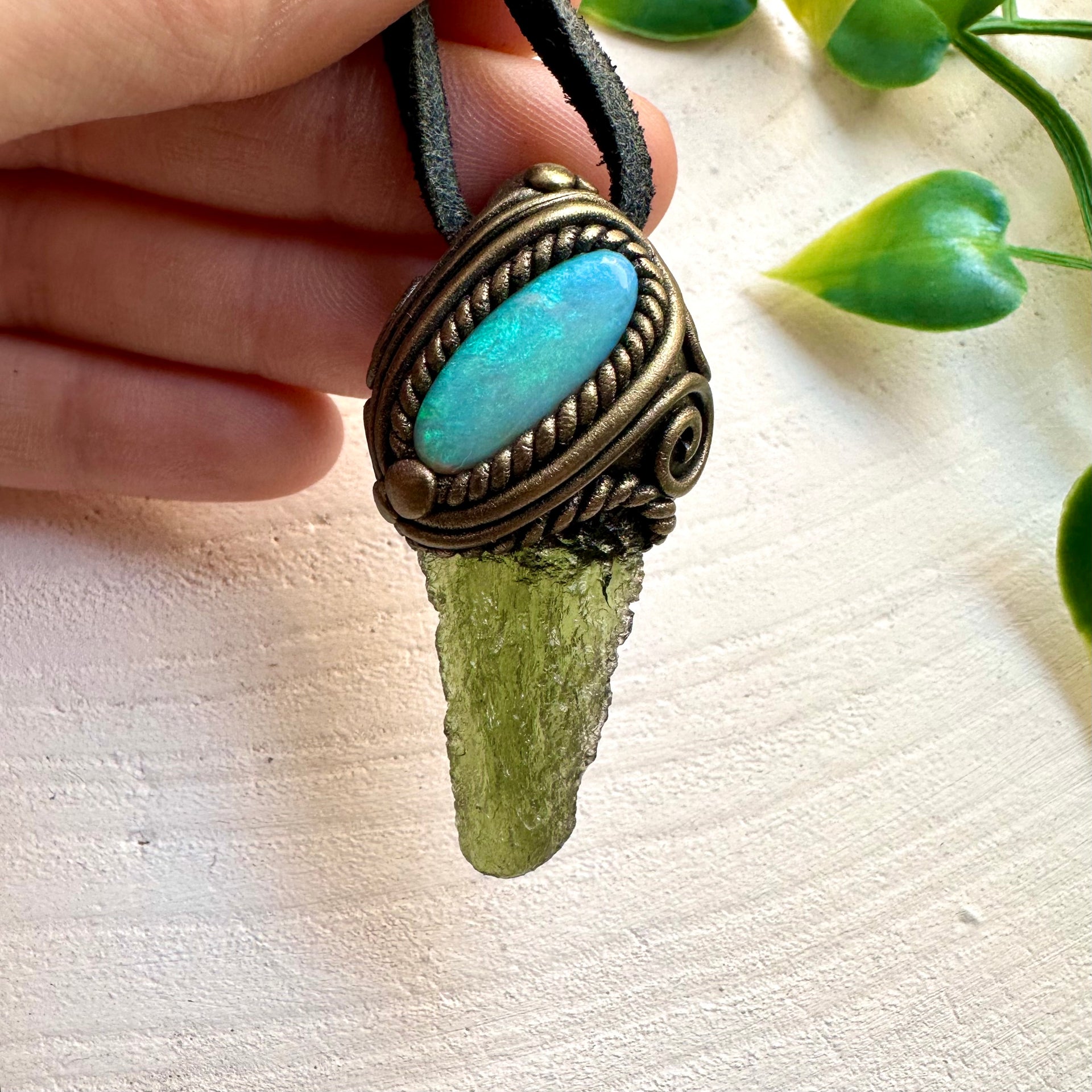 Moldavite and Australian Opal Pendant Necklace