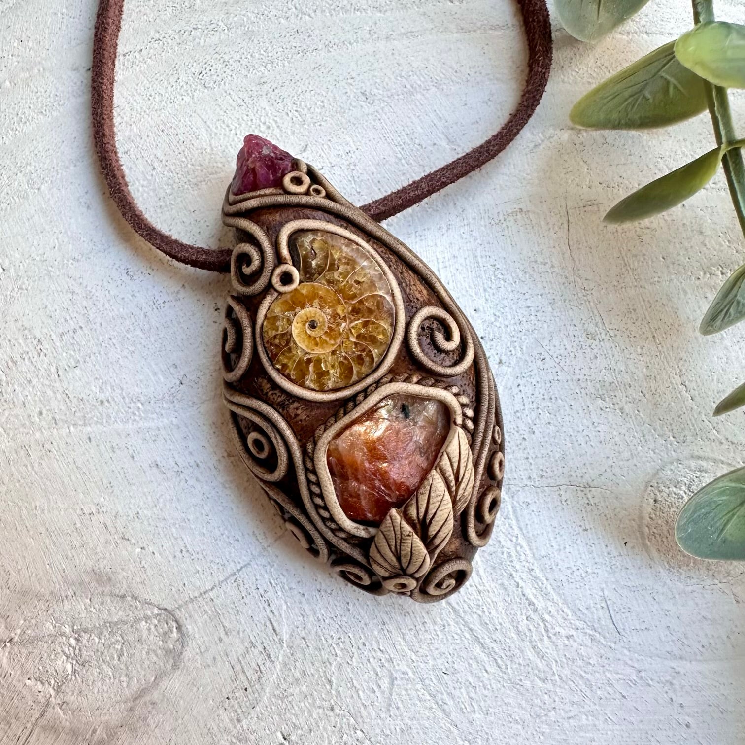 Raw Sunstone Ammonite and Spinel Necklace, Handmade Crystal Jewelry