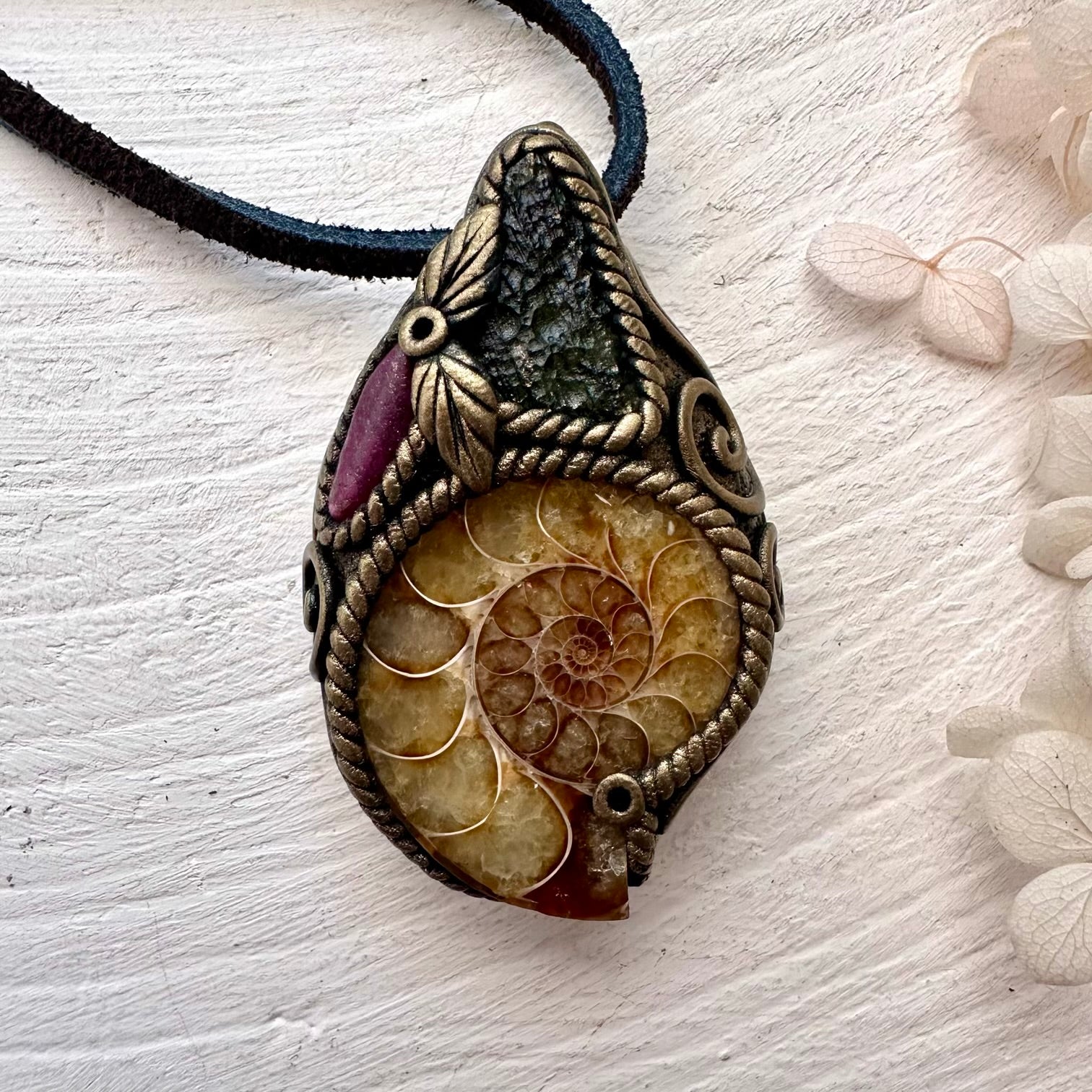 Ammonite Moldavite and Ruby Necklace - FairyGardenGlow