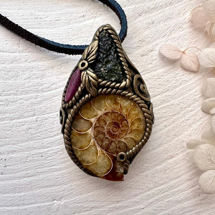 Ammonite Moldavite and Ruby Necklace - FairyGardenGlow