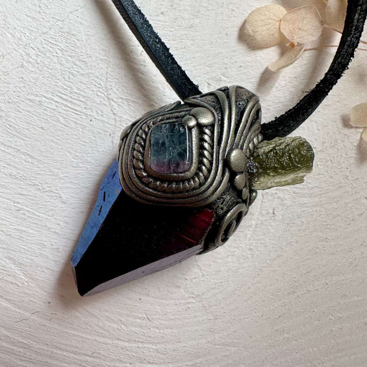Cobalt Aura Quartz Moldavite and Bi Color Tourmaline Pendant Necklace - FairyGardenGlow