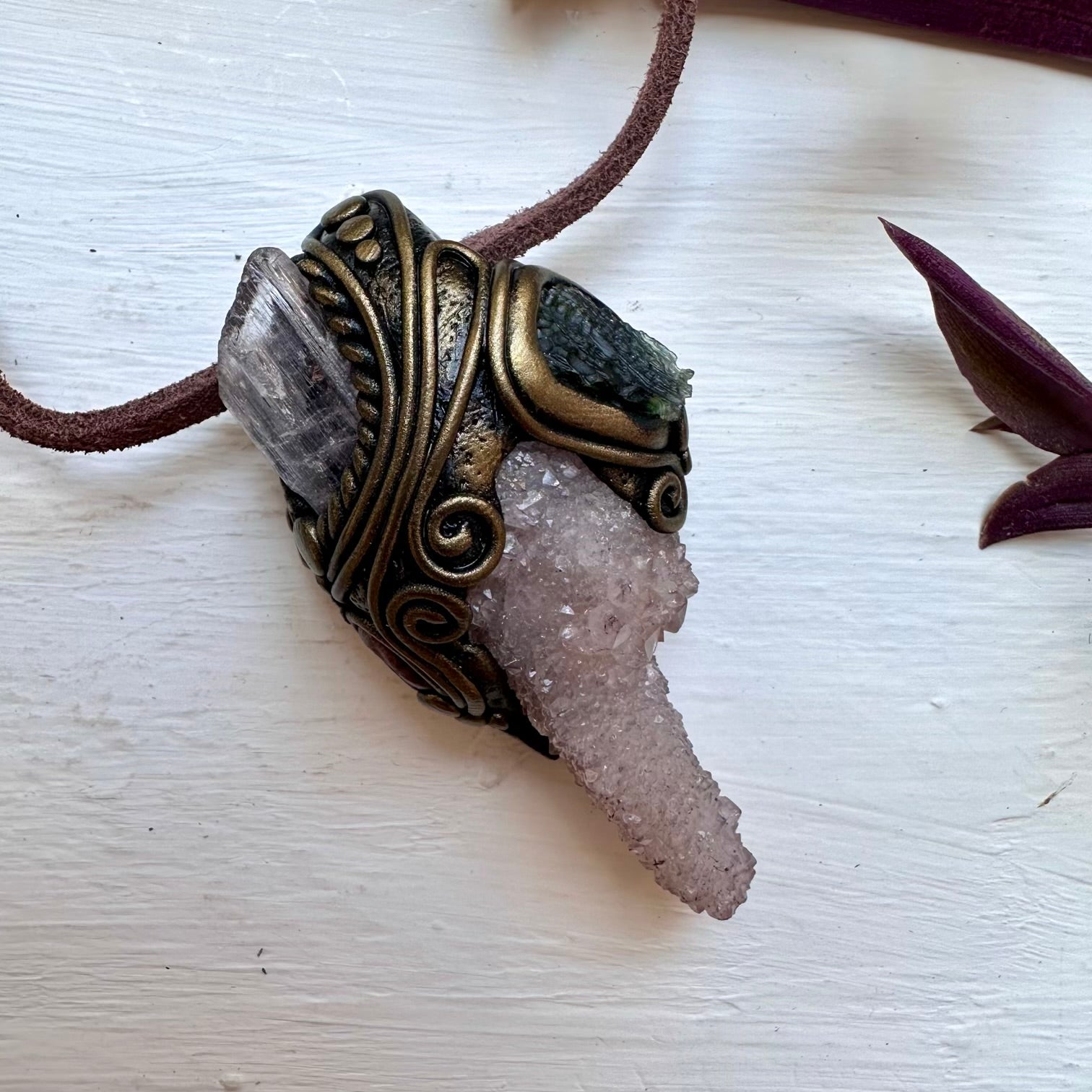 Spirit Quartz Kunzite Moldavite and Ruby Necklace - FairyGardenGlow
