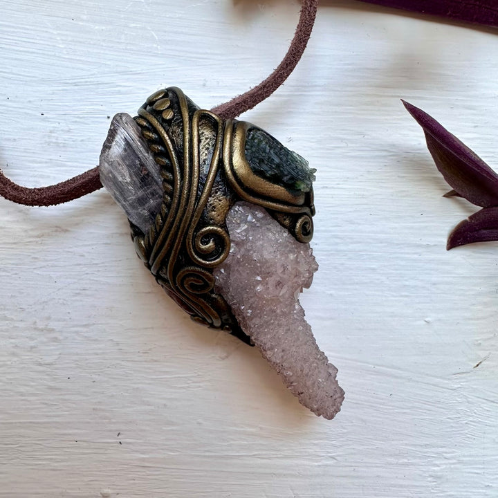 Spirit Quartz Kunzite Moldavite and Ruby Necklace - FairyGardenGlow
