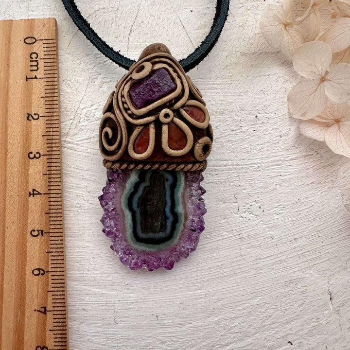 Amethyst Stalactite Ruby and Pink Tourmaline Handmade Crystal Necklace - FairyGardenGlow