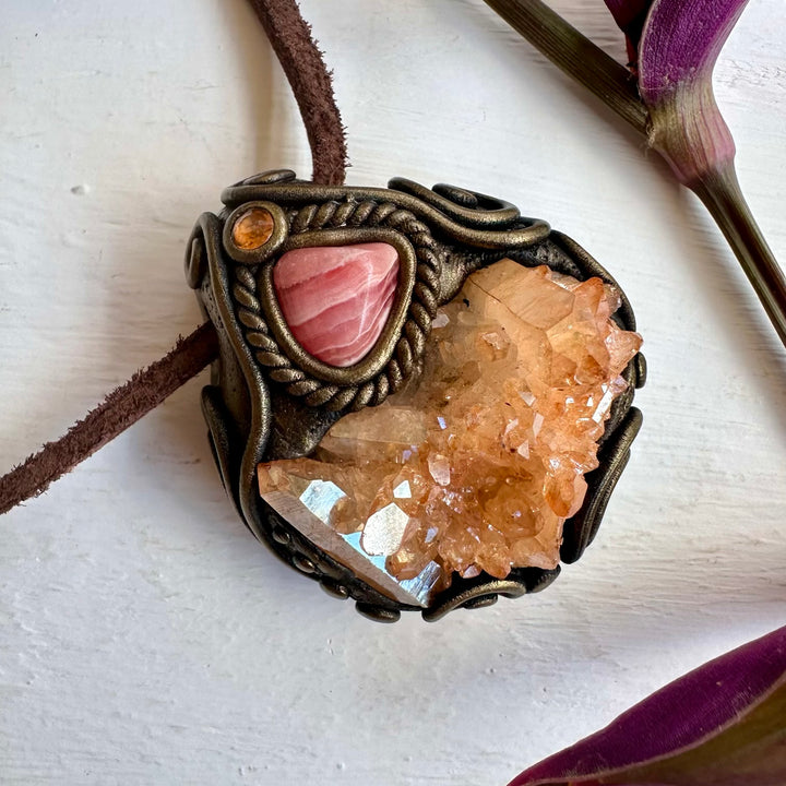 Tangerine Aura Quartz Cluster Rhodochrosite and Imperial Topaz Necklace - FairyGardenGlow