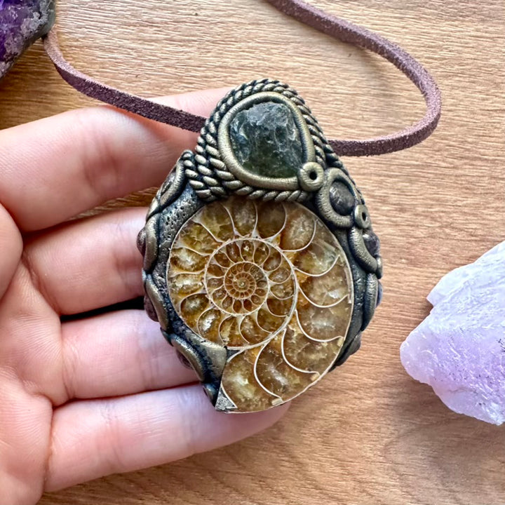 Ammonite Moldavite and Red Garnet Necklace - FairyGardenGlow