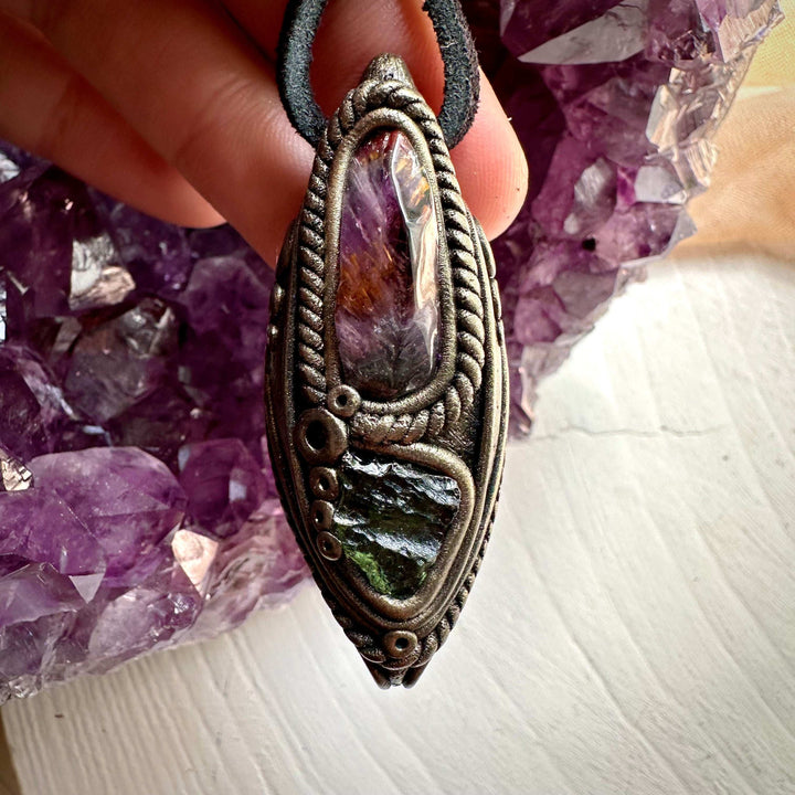 Super Seven Quartz and Moldavite Necklace - FairyGardenGlow