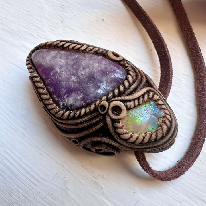 Lepidolite and Raw Opal Necklace - FairyGardenGlow