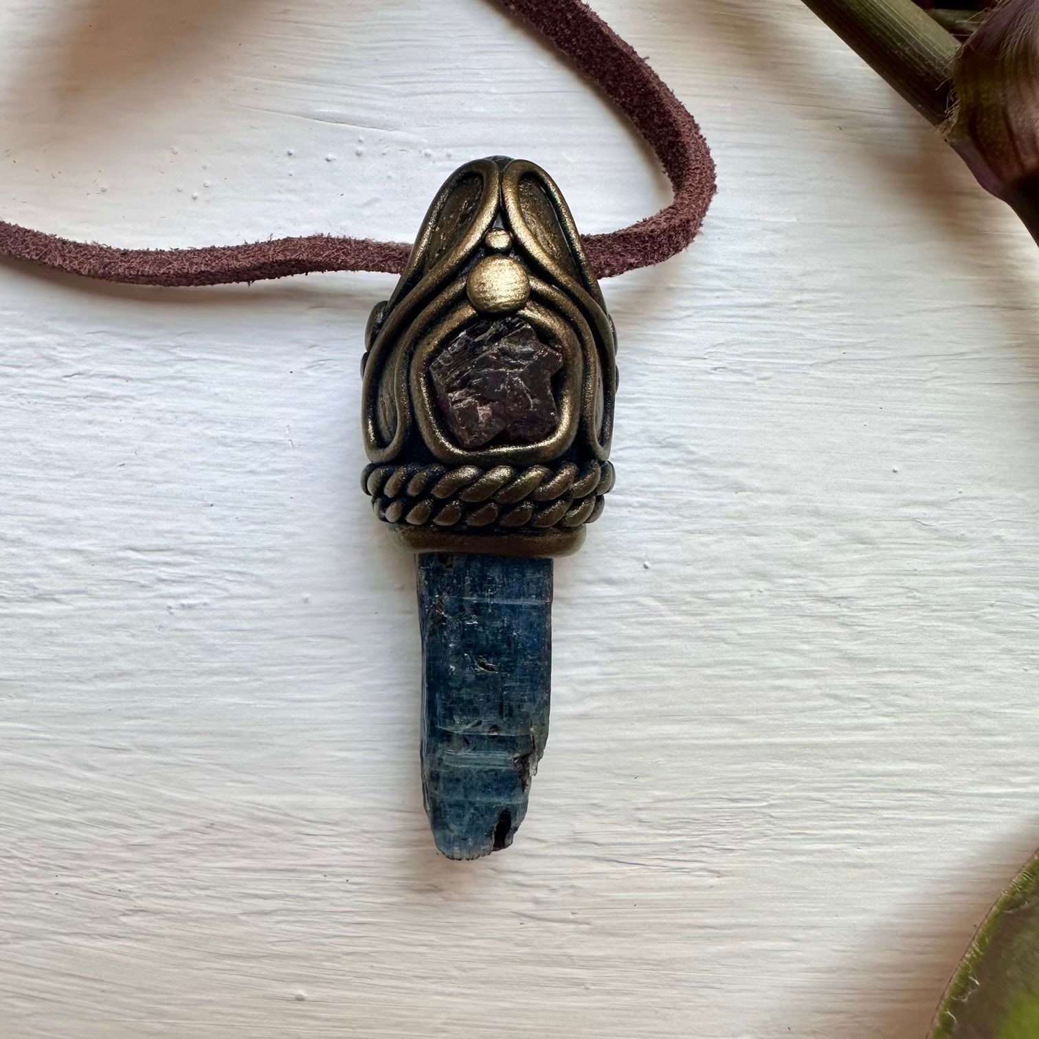 Blue Kyanite and Red Garnet Pendant - FairyGardenGlow