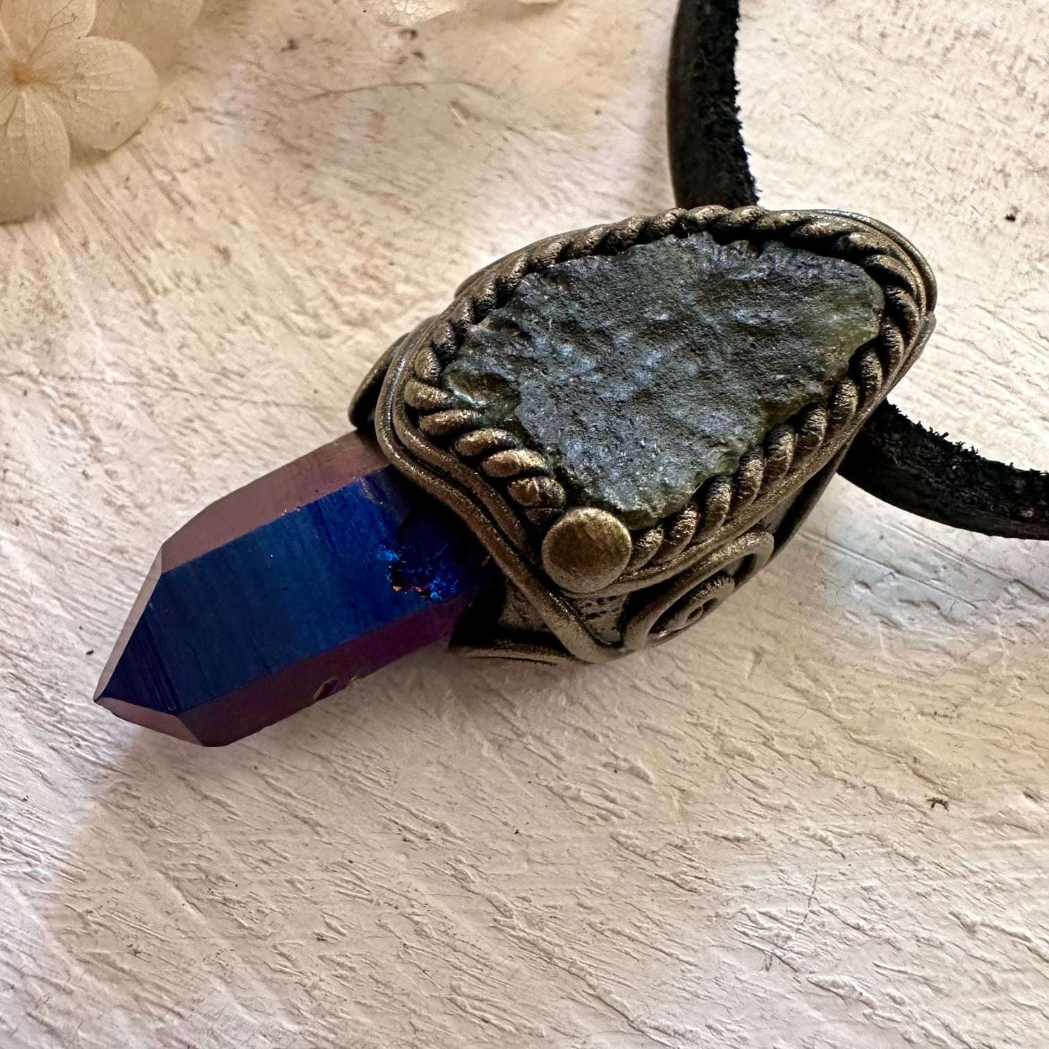 Raw Moldavite and Cobalt Aura Quartz Pendant Necklace - FairyGardenGlow